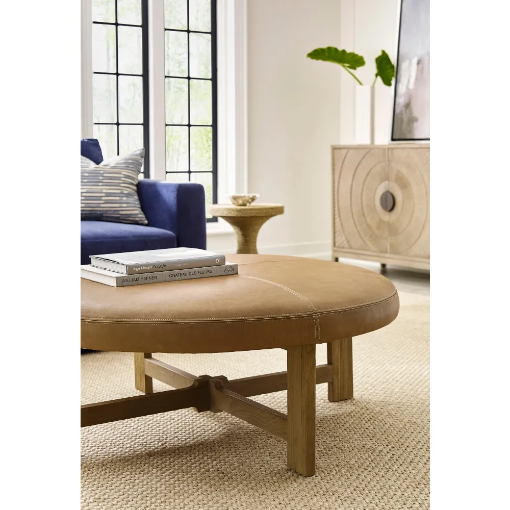 Jaya Round Cocktail Ottoman - Brown, Teak Wood