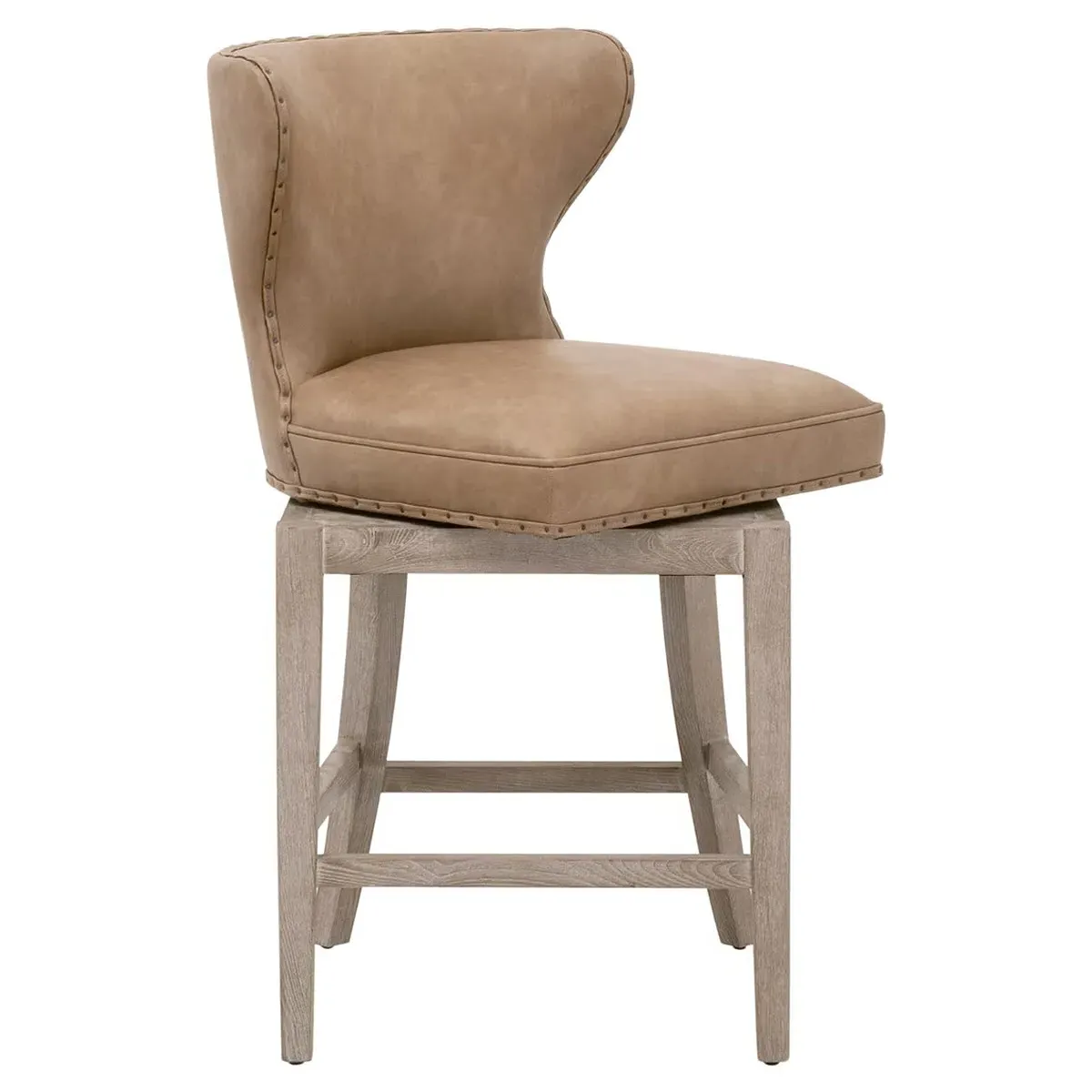 Jen Swivel Counter Stool with Nailhead Trim - Brown, Vegan Leather