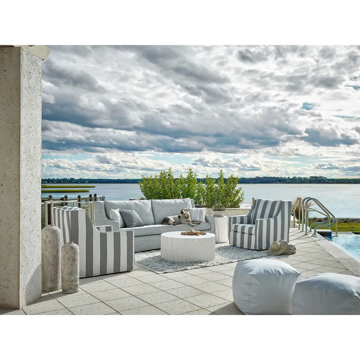 Jenia Round Drum Outdoor Coffee Table - White, Cast Concrete