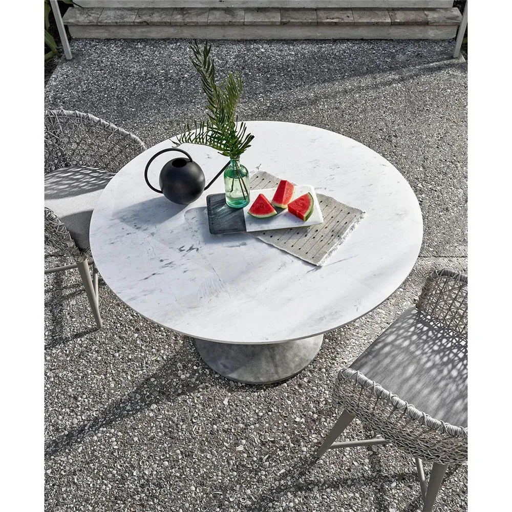 Jesiel Round Outdoor Dining Table - White, Faux Marble