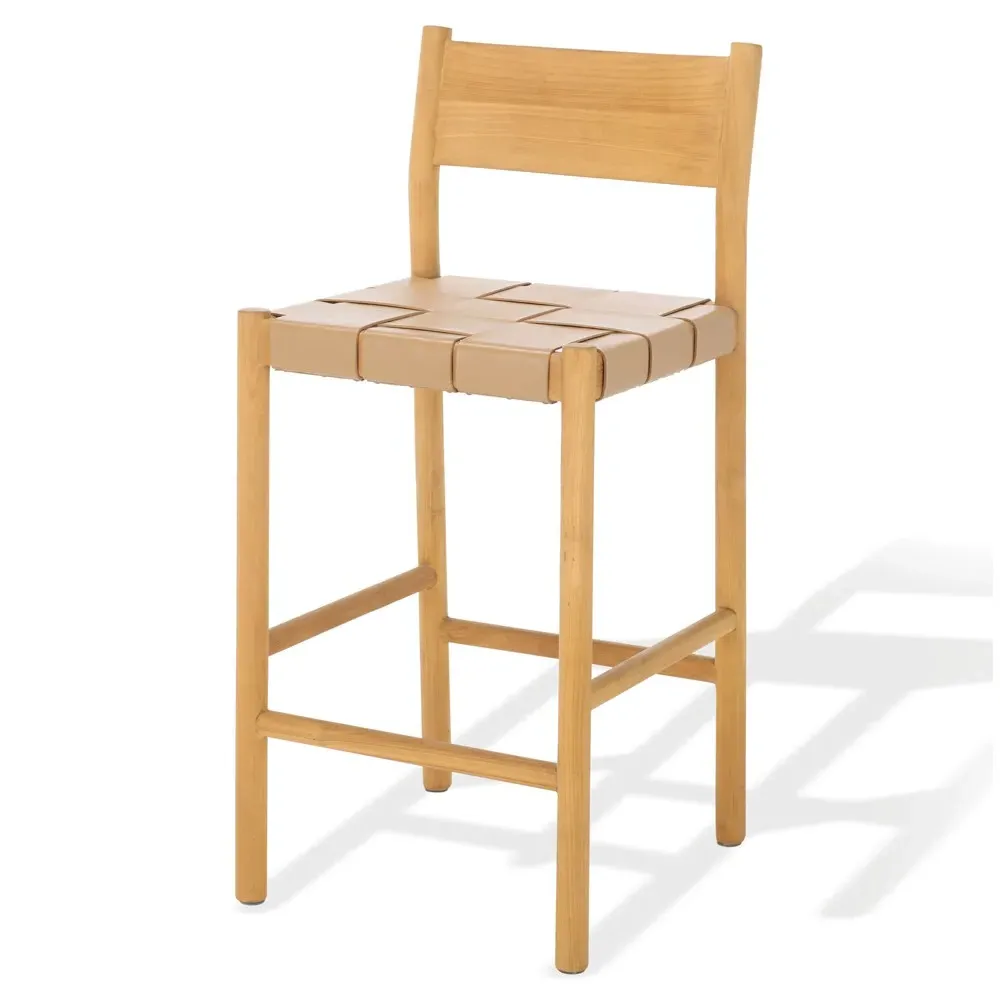 Jill Woven Leather Counter Stool - Tan, Natural Wood