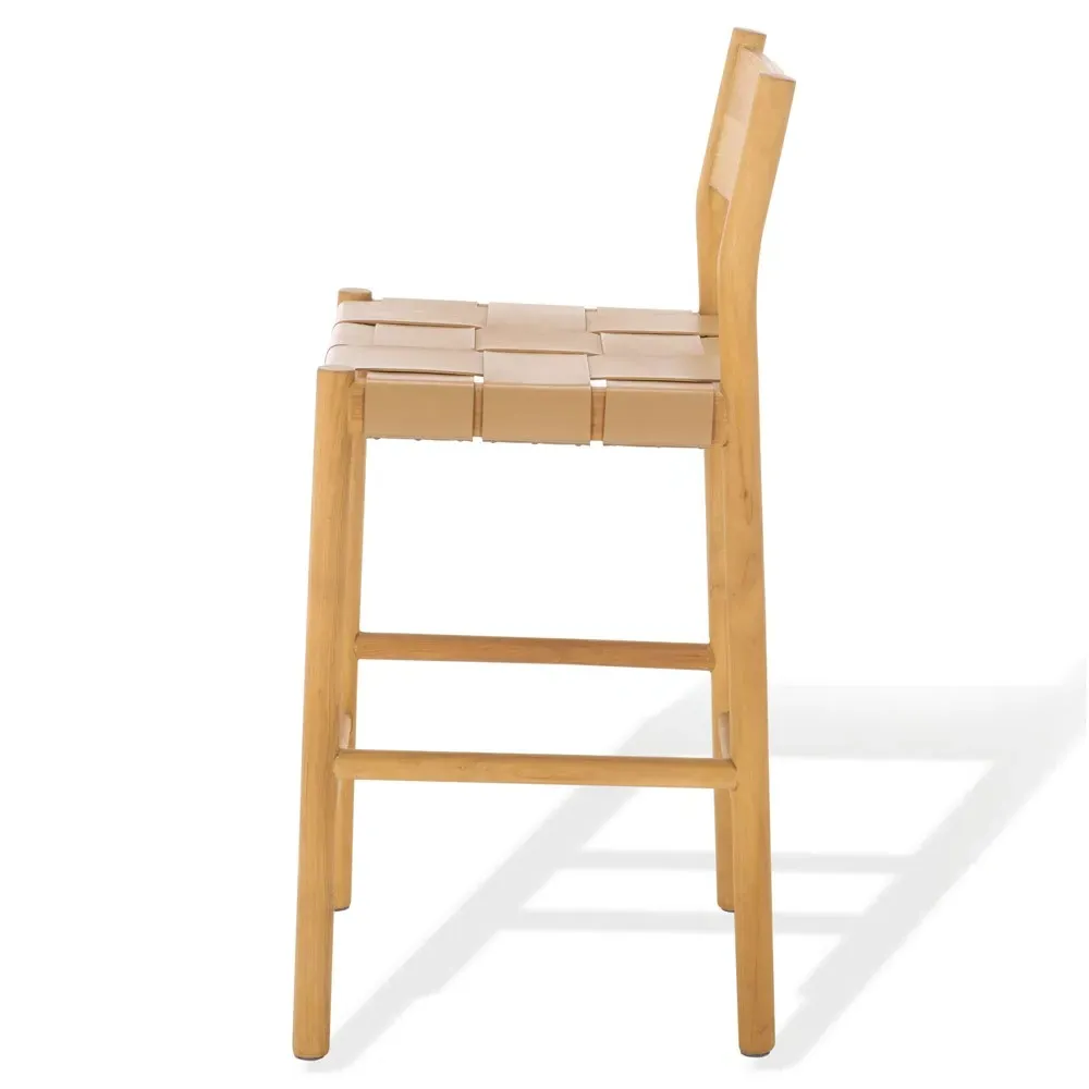 Jill Woven Leather Counter Stool - Tan, Natural Wood