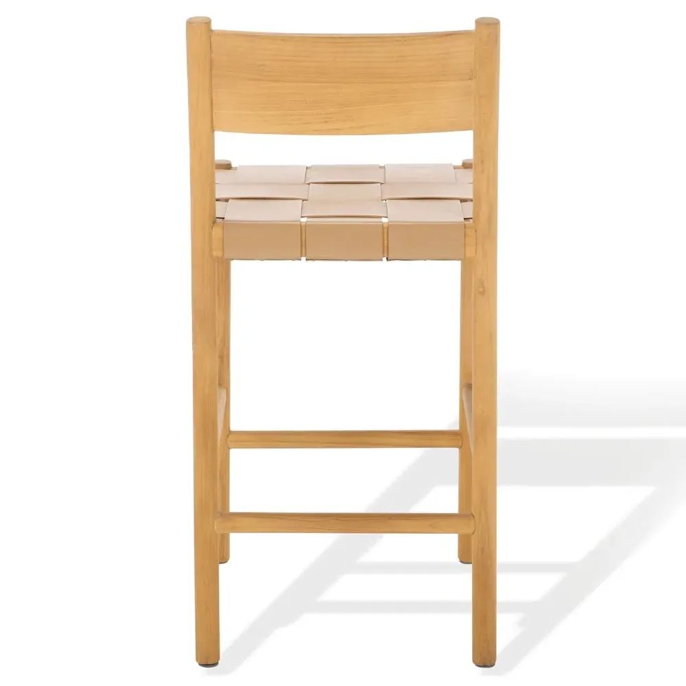 Jill Woven Leather Counter Stool - Tan, Natural Wood