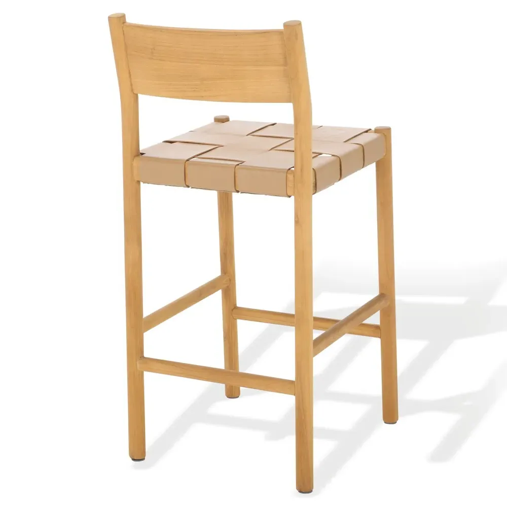 Jill Woven Leather Counter Stool - Tan, Natural Wood