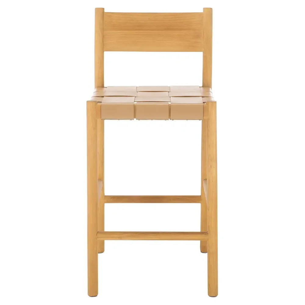 Jill Woven Leather Counter Stool - Tan, Natural Wood
