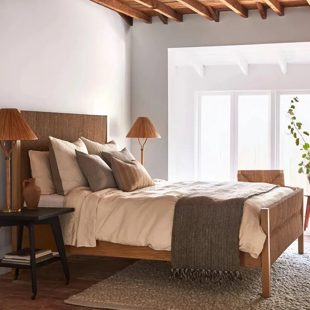 Jolene Queen Size Bed Frame with Handwoven Seagrass - Brown, Beechwood