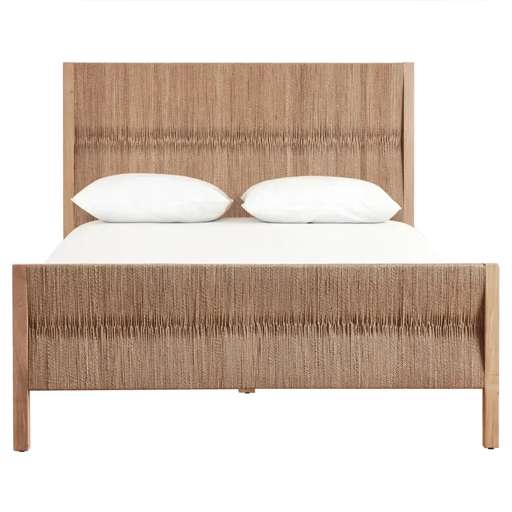 Jolene Queen Size Bed Frame with Handwoven Seagrass - Brown, Beechwood