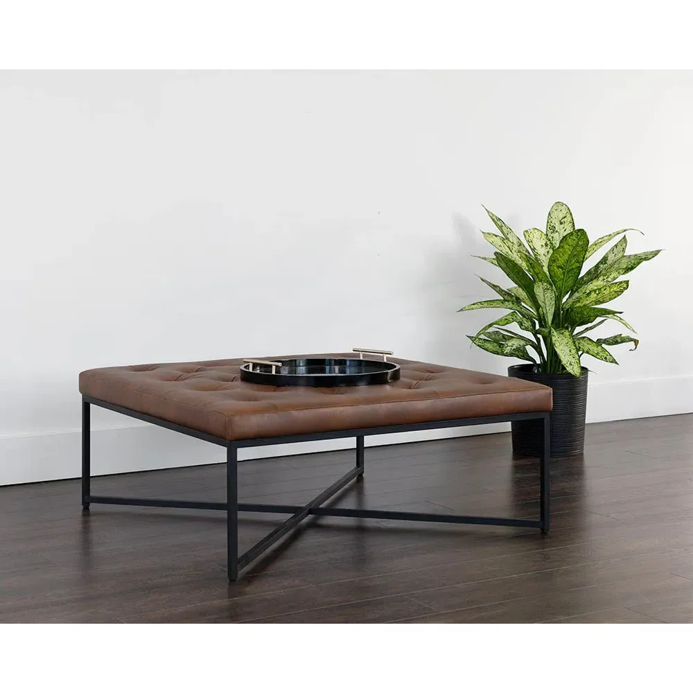 Jonty Square Tufted Ottoman - Brown, Faux Leather