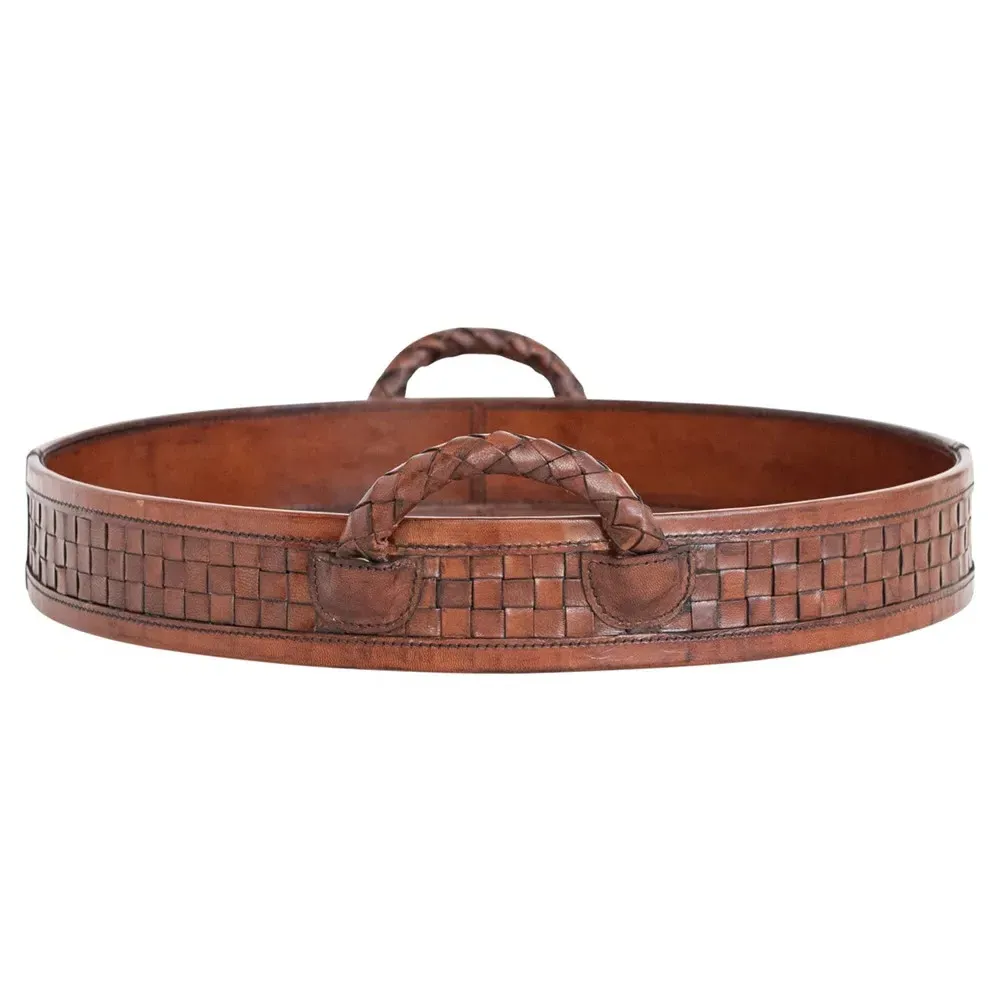 Jordyn Round Decorative Tray - Brown, Woven Leather