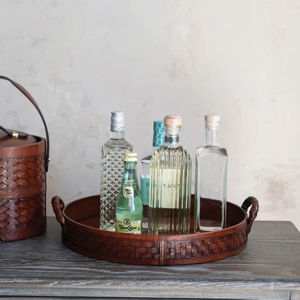 Jordyn Round Decorative Tray - Brown, Woven Leather