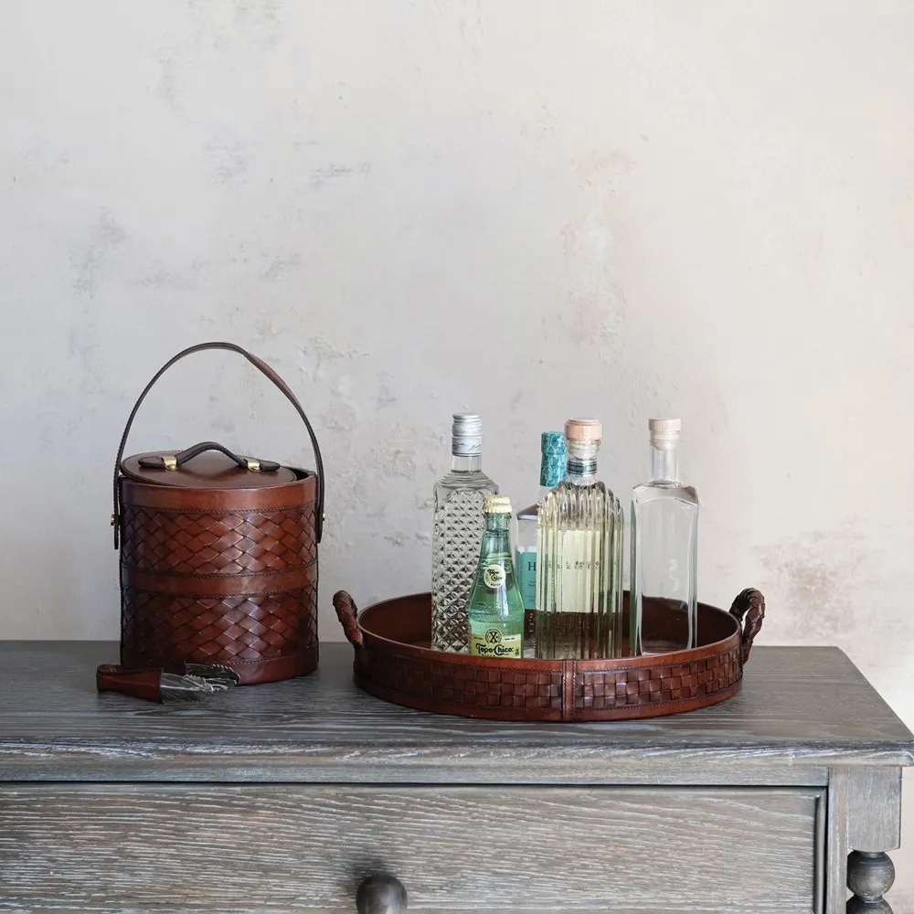 Jordyn Round Decorative Tray - Brown, Woven Leather