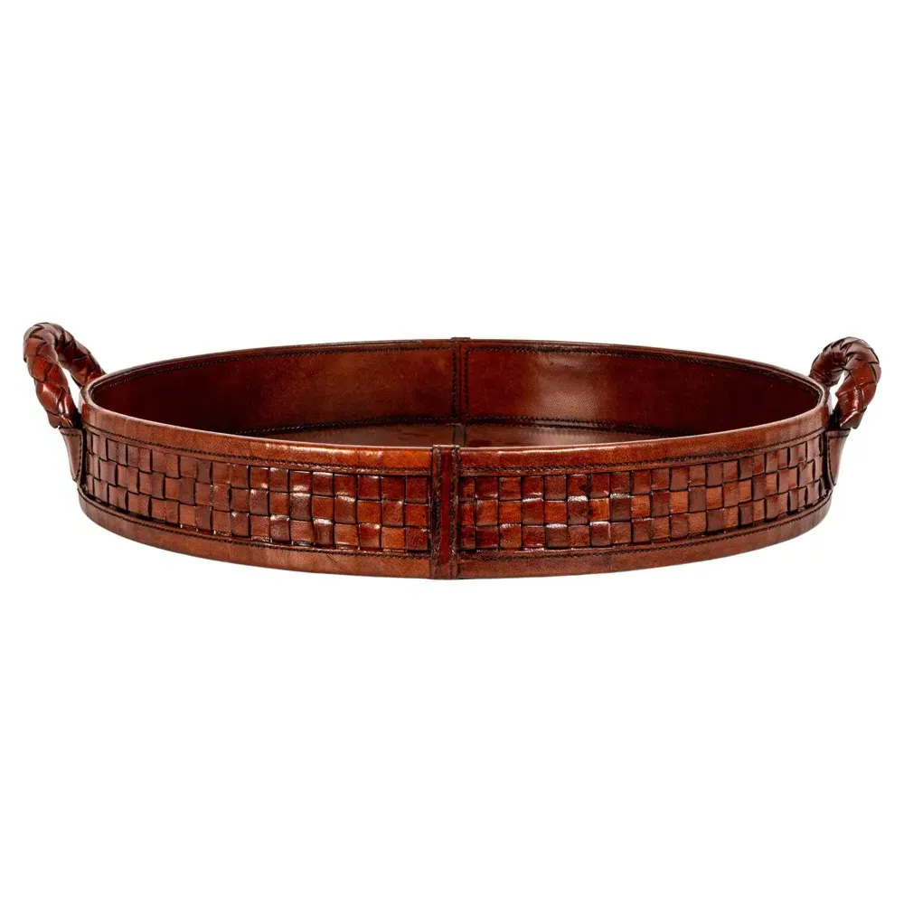 Jordyn Round Decorative Tray - Brown, Woven Leather