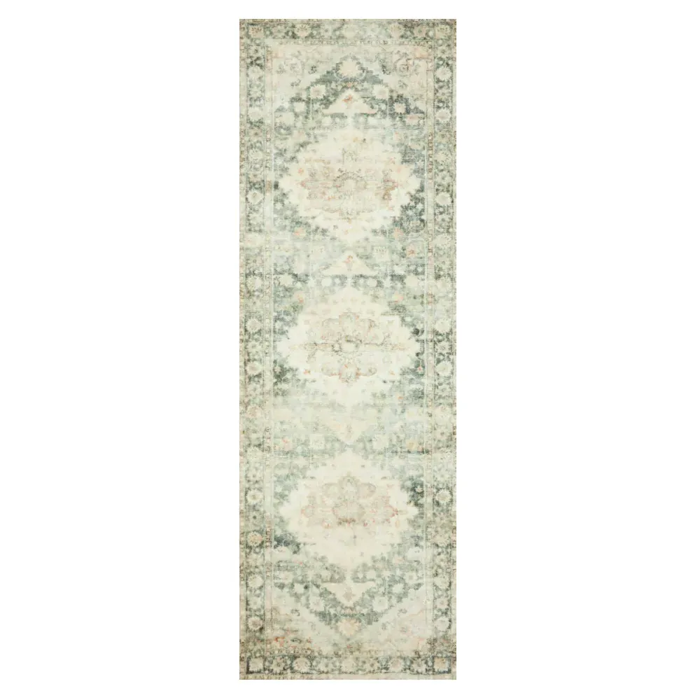 Jorvik Medallion Patterned Rug Runner - Green, Polyester