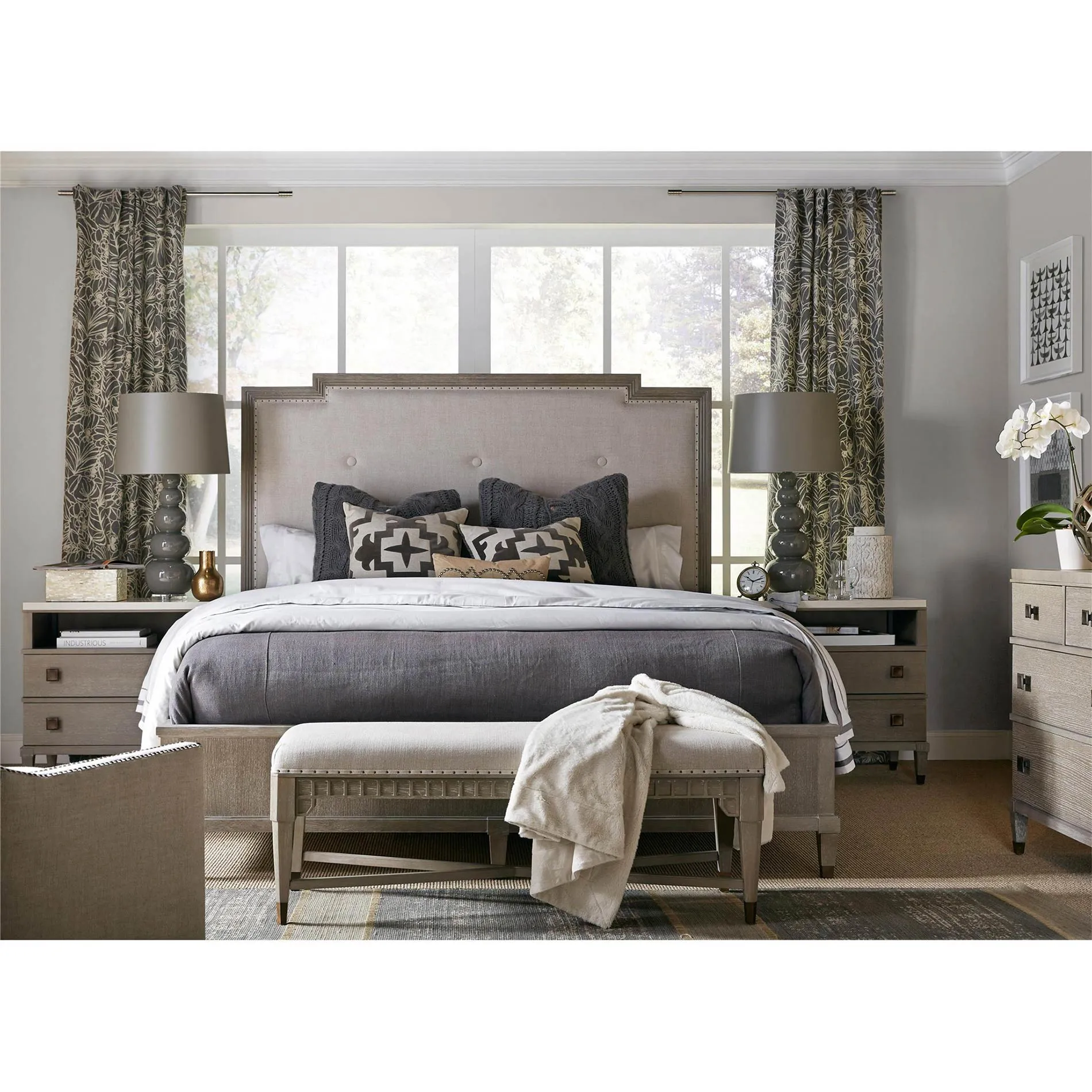 Julia King Size Upholstered Bed with Nailhead Trim - Grey, Wood