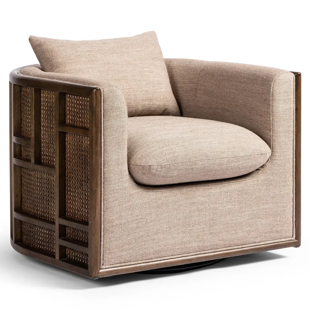 Jun Swivel Arm Chair - Dark Beige, Cane Wood