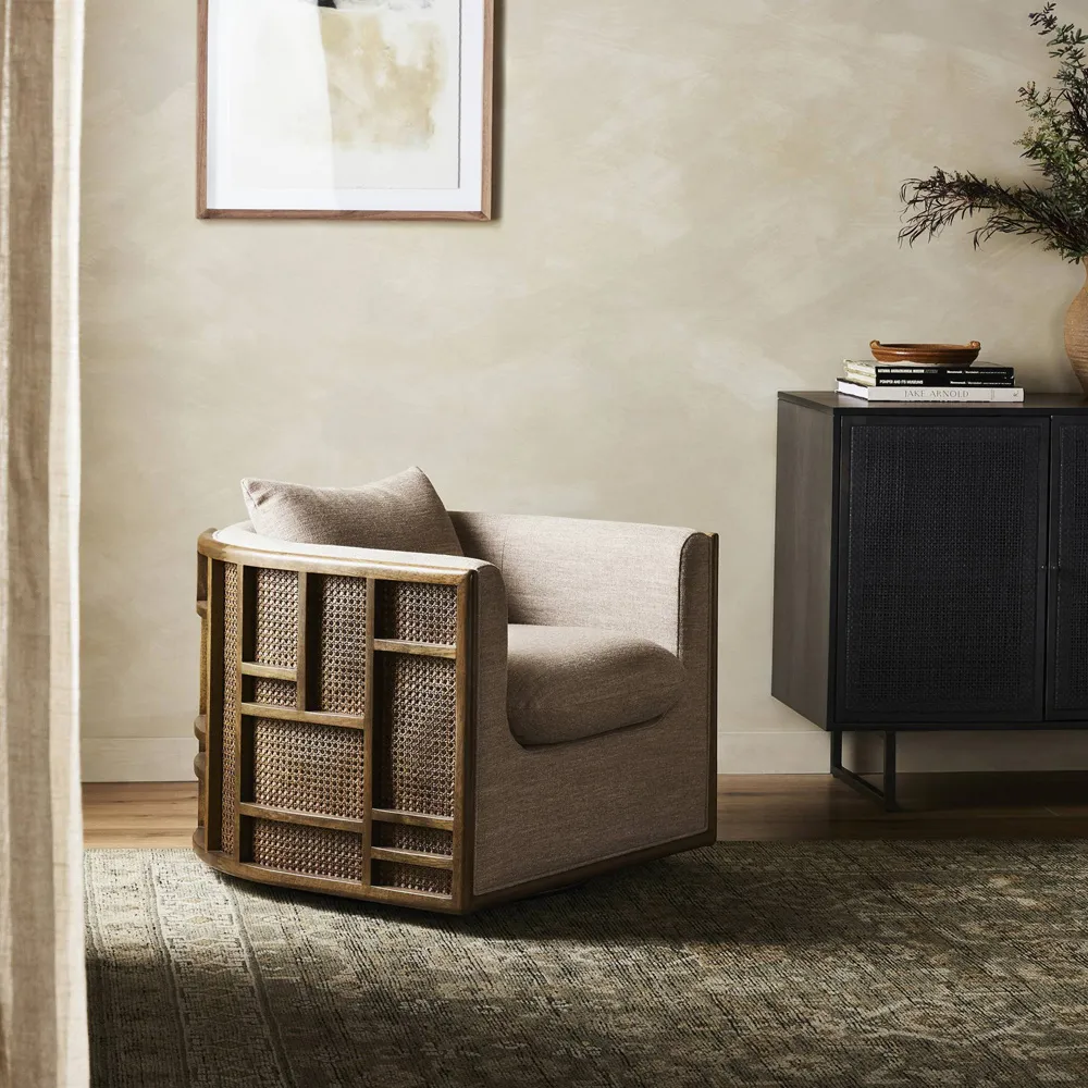 Jun Swivel Arm Chair - Dark Beige, Cane Wood