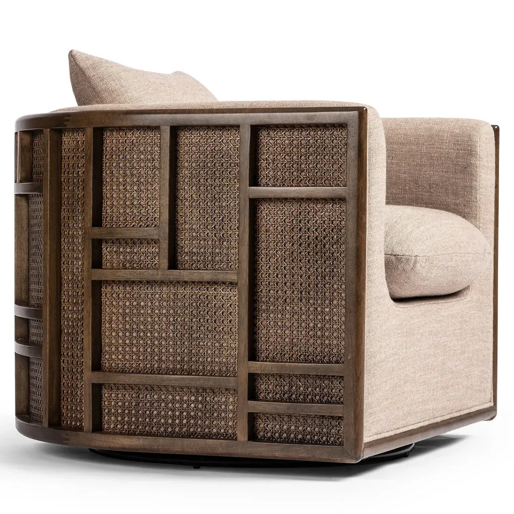 Jun Swivel Arm Chair - Dark Beige, Cane Wood