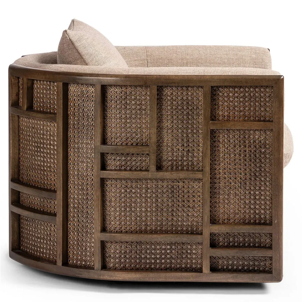 Jun Swivel Arm Chair - Dark Beige, Cane Wood