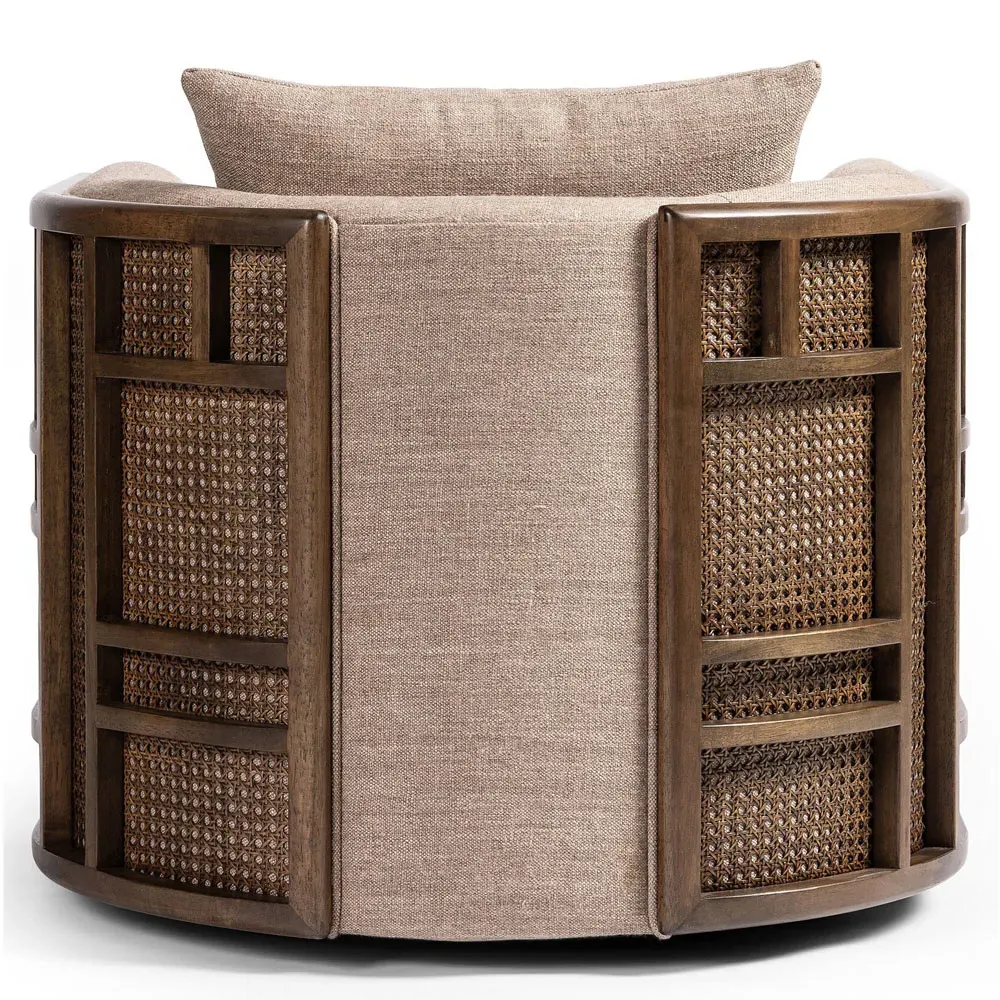 Jun Swivel Arm Chair - Dark Beige, Cane Wood