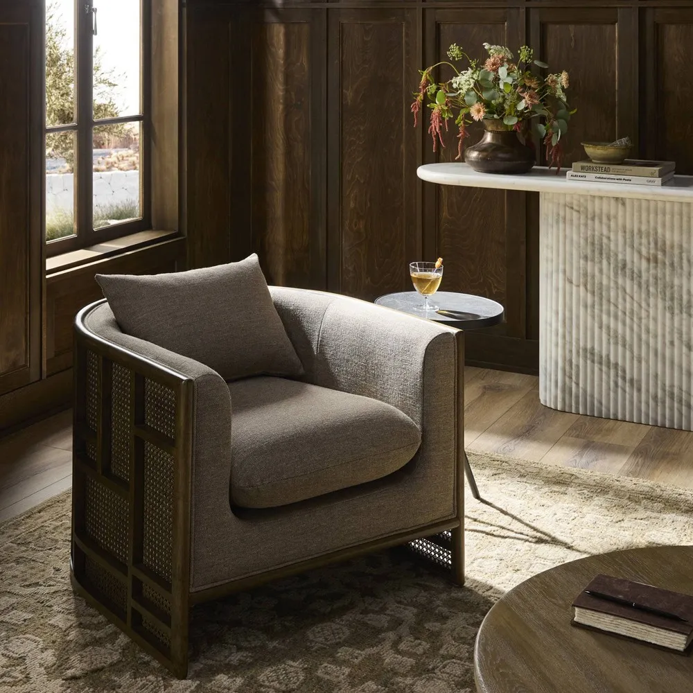 June Alcala Fawn Performance Vintage Wood Woven Cane Arm Chair