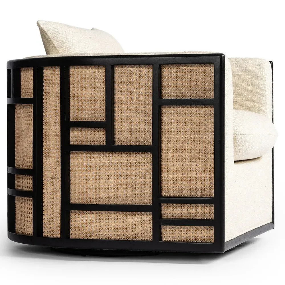 June Woven Cane Swivel Chair - Cream, Parawood