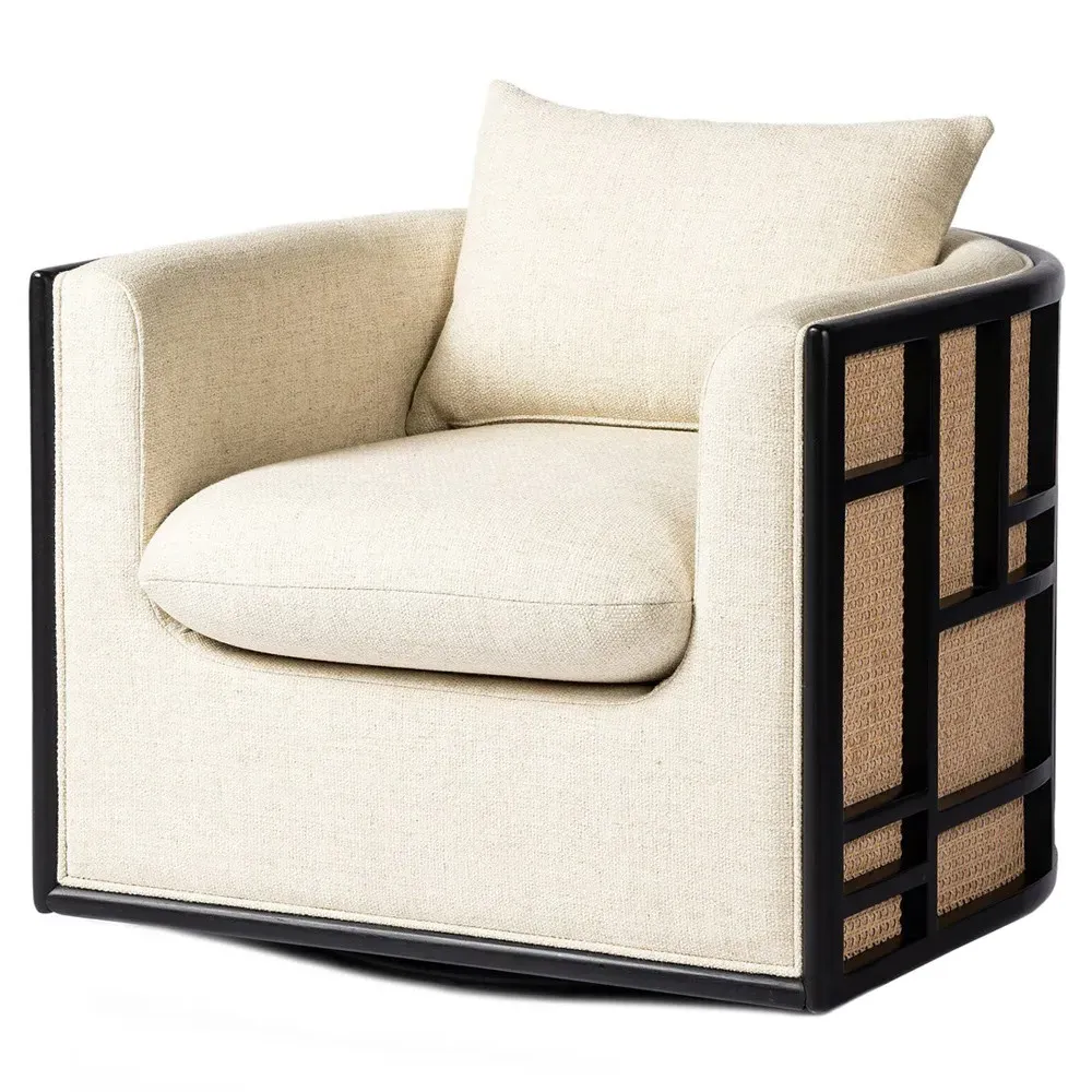 June Woven Cane Swivel Chair - Cream, Parawood