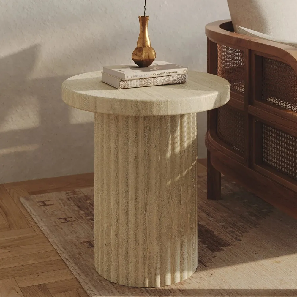Kaelen Round Pedestal Side Table - Beige, Concrete