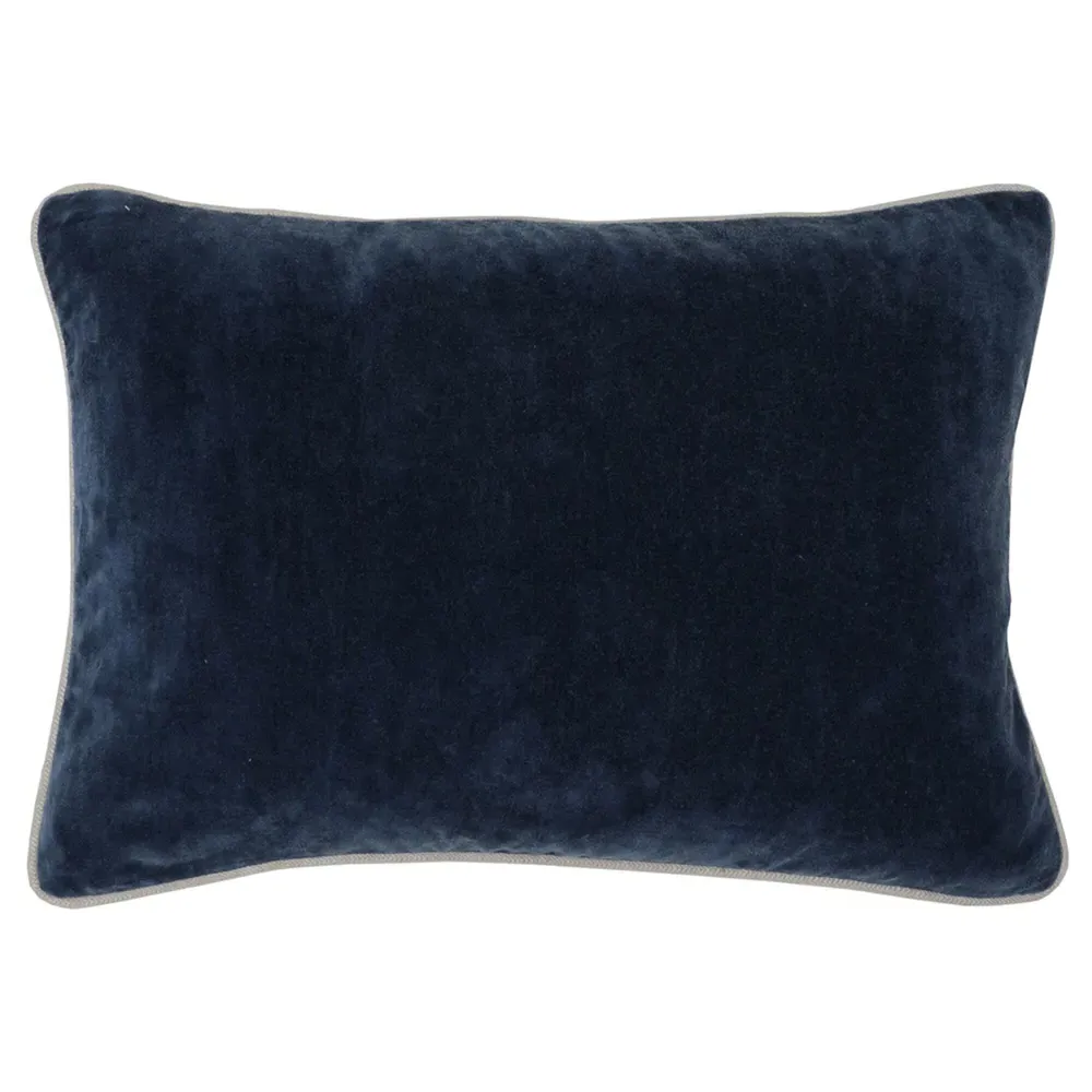Karen Lumbar Throw Pillow with Natural Piping - Navy Blue, Velvet