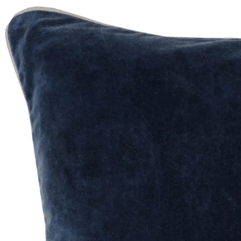 Karen Square Throw Pillow with Natural Piping - Navy Blue, Velvet