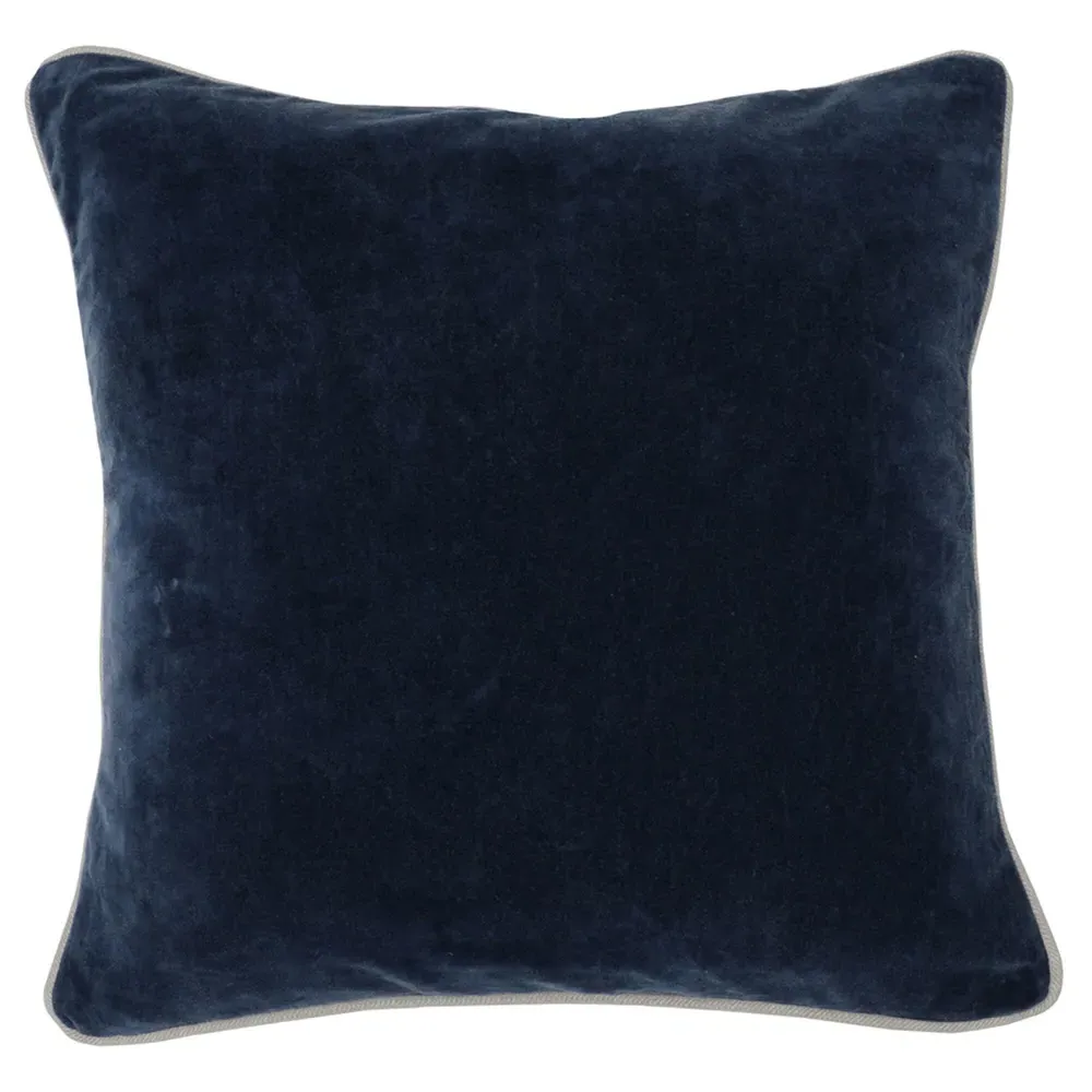 Karen Square Throw Pillow with Natural Piping - Navy Blue, Velvet