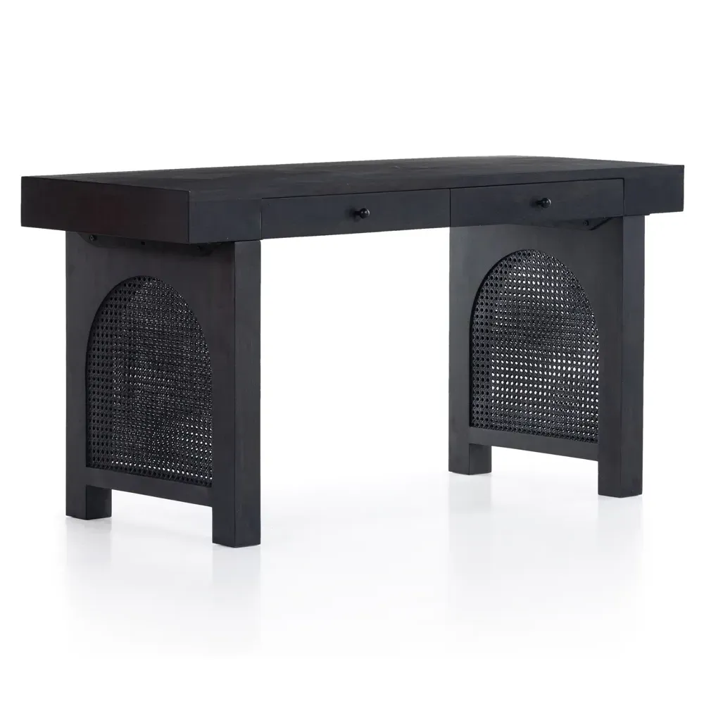 Kashton 2 Drawer Desk with Woven Cane - Black, Mango Wood