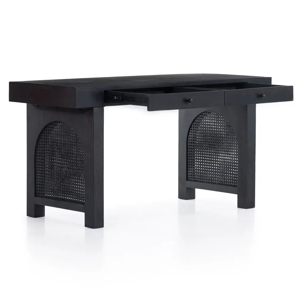 Kashton 2 Drawer Desk with Woven Cane - Black, Mango Wood