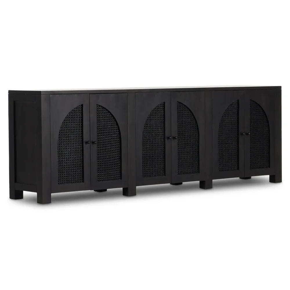 Kashton 6 Door Sideboard with Arched Woven Cane - Black, Mango Wood
