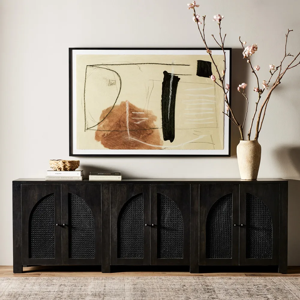 Kashton 6 Door Sideboard with Arched Woven Cane - Black, Mango Wood