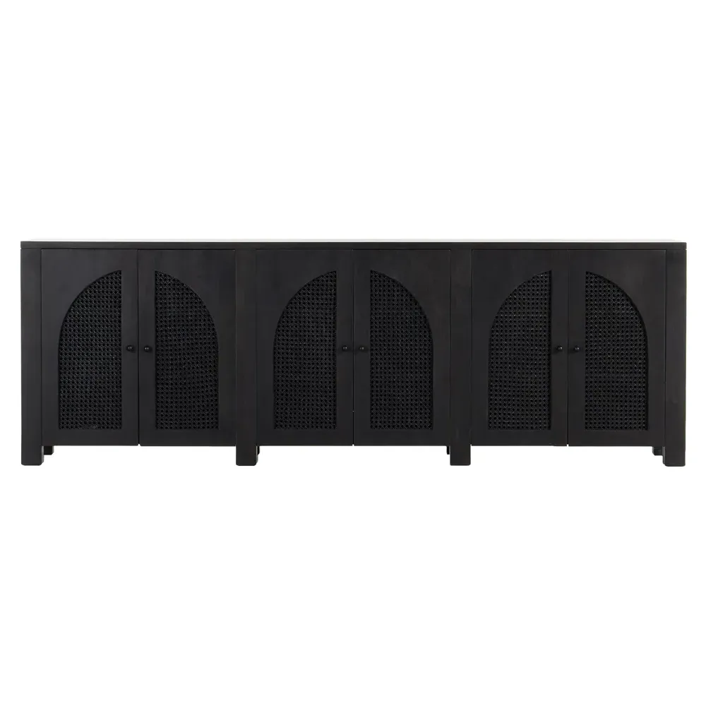Kashton 6 Door Sideboard with Arched Woven Cane - Black, Mango Wood