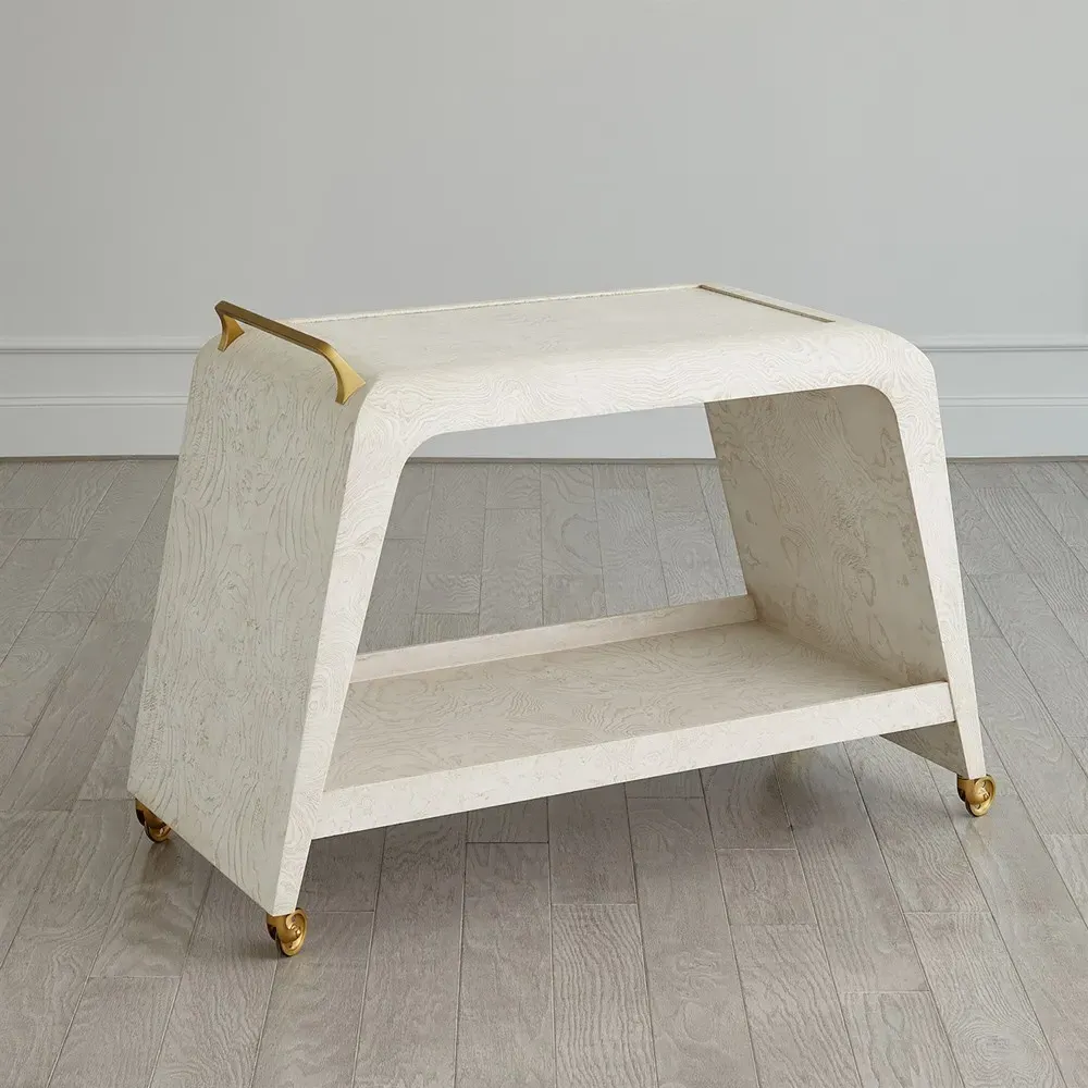 Kaya Bar Cart - White, Burl Wood