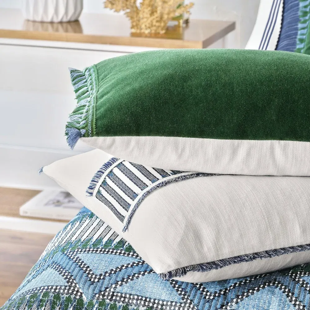 Kierra Lumbar Pillow with Fringe - Green, Mohair