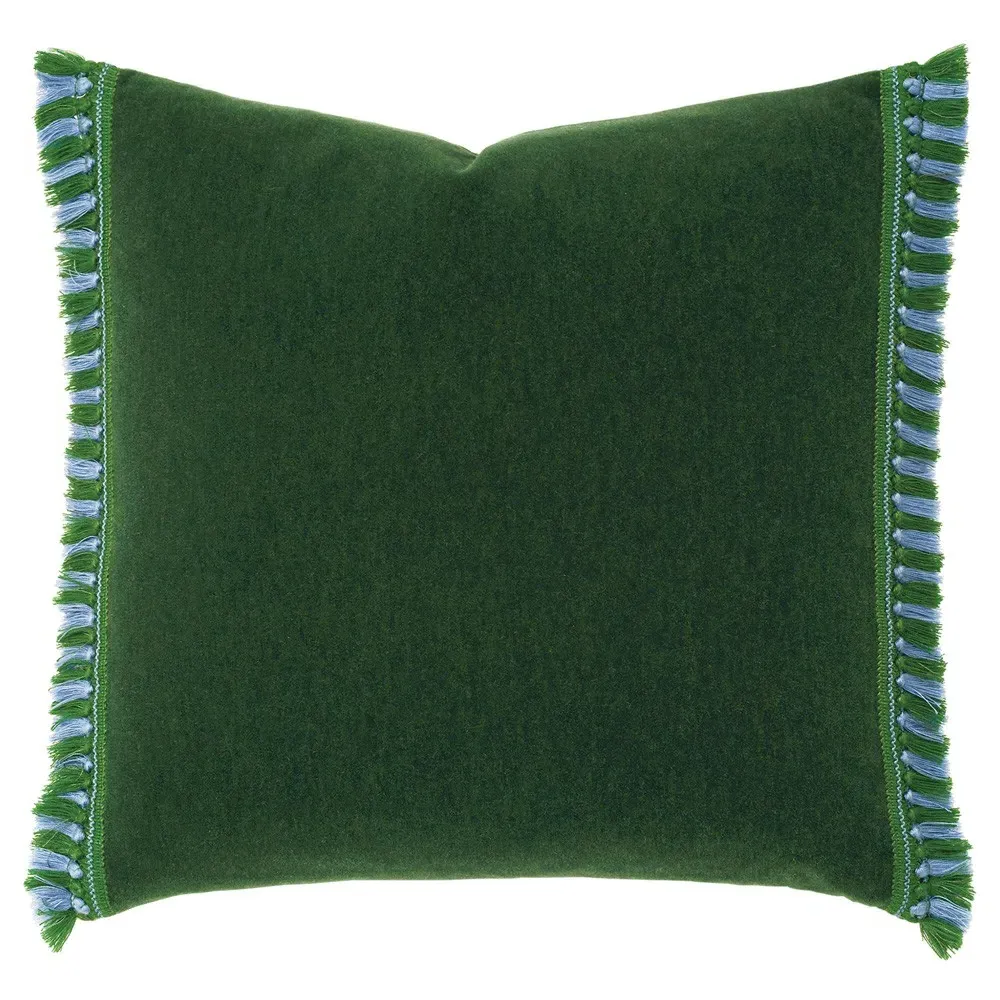 Kierra Square Throw Pillow with Fringe - Green, Mohair