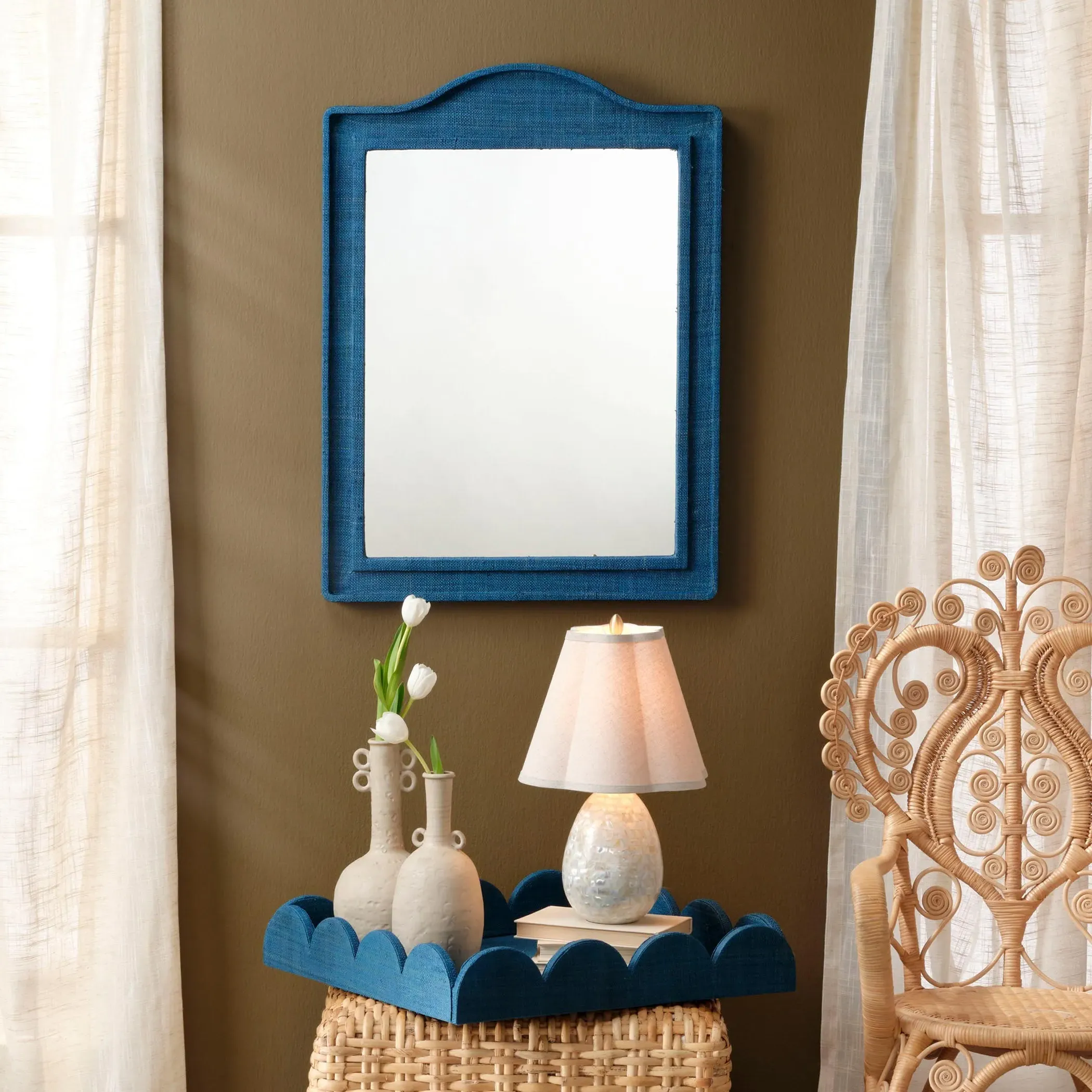 Kingsley Arched Wall Mirror - Indigo Blue, Raffia