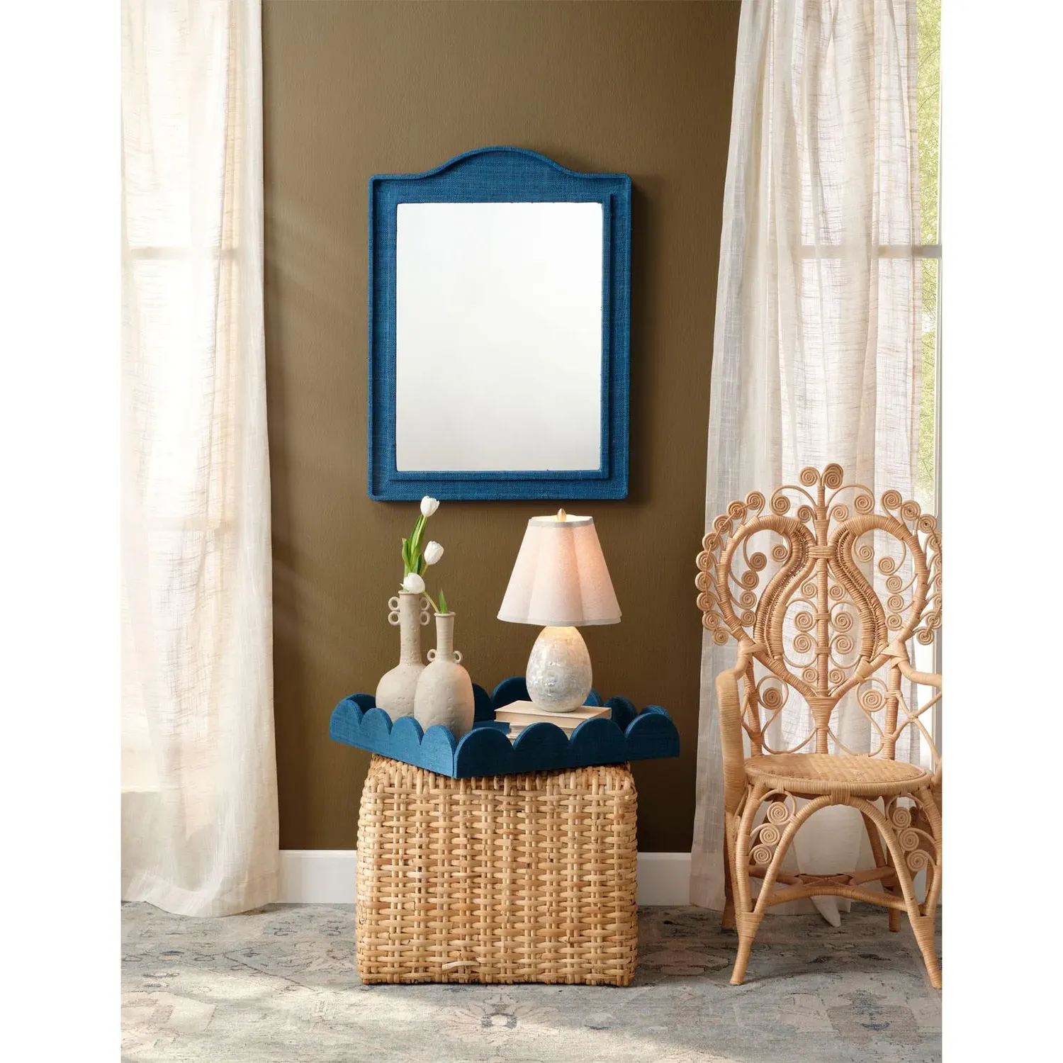 Kingsley Arched Wall Mirror - Indigo Blue, Raffia