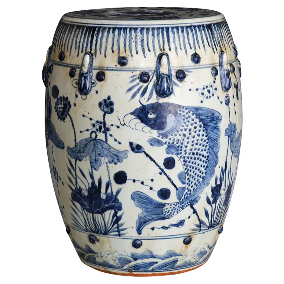 Kingyo Garden Stool with Fish Motif - Blue, Porcelain