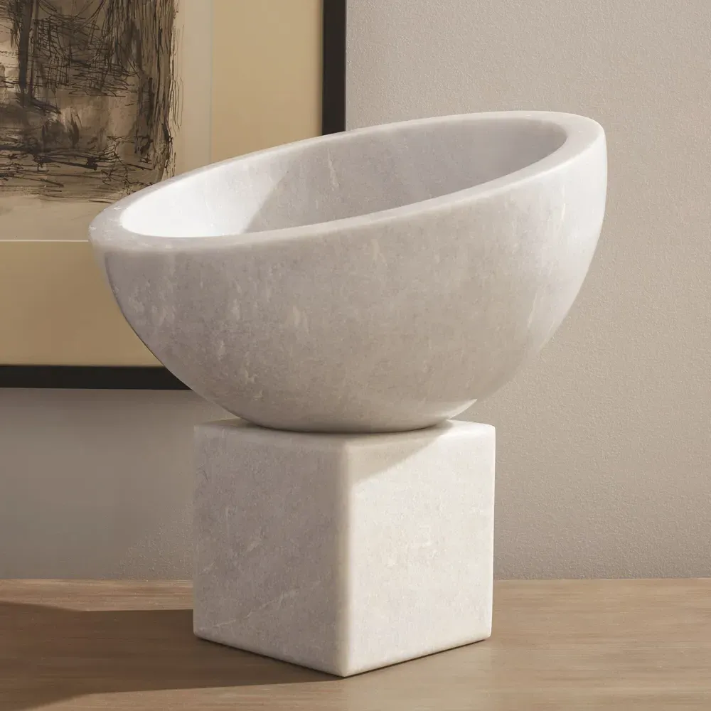 Kira Decorative Footed Bowl - White, Marble