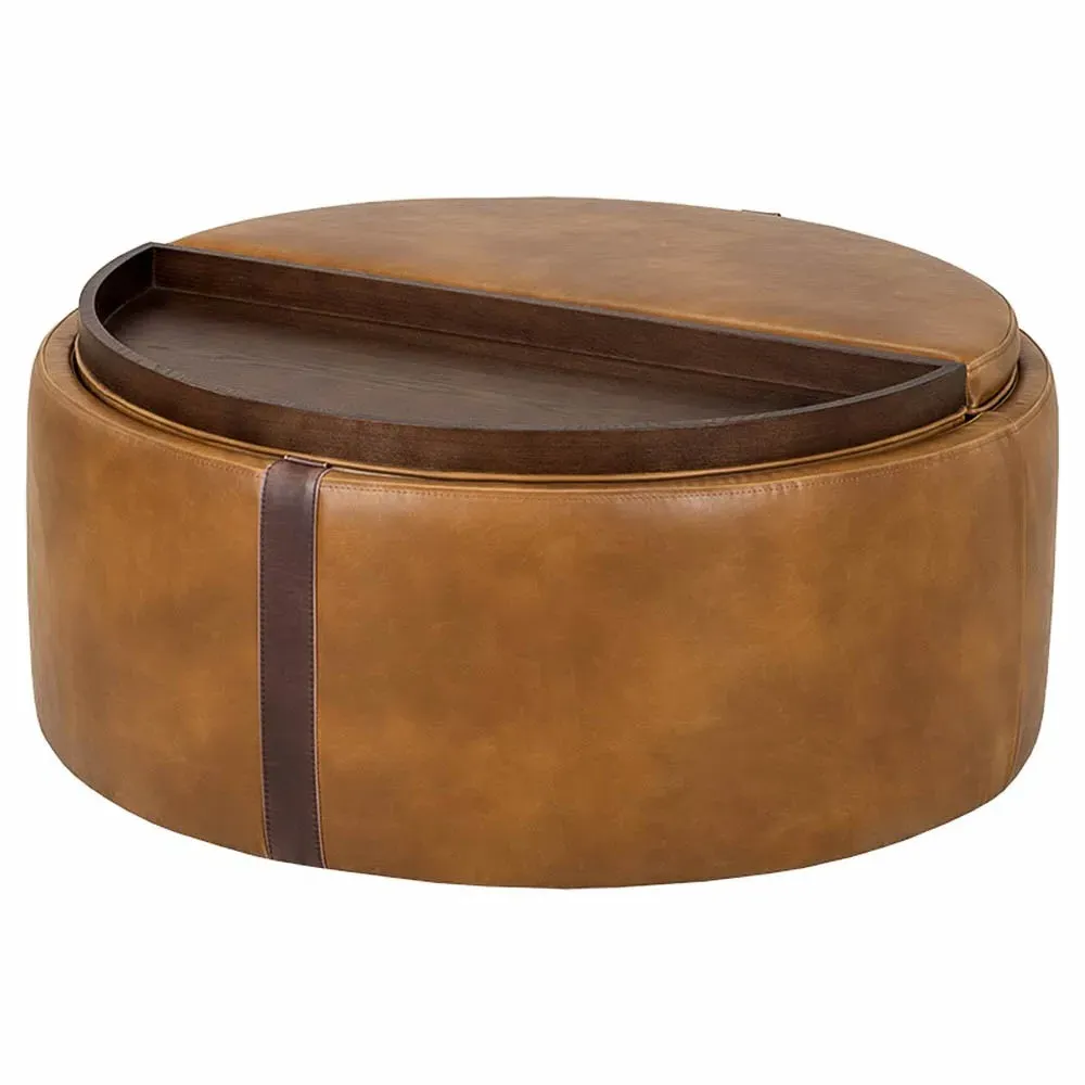 Kline Round Storage Ottoman with Wheels - Tobacco Tan, Faux Leather