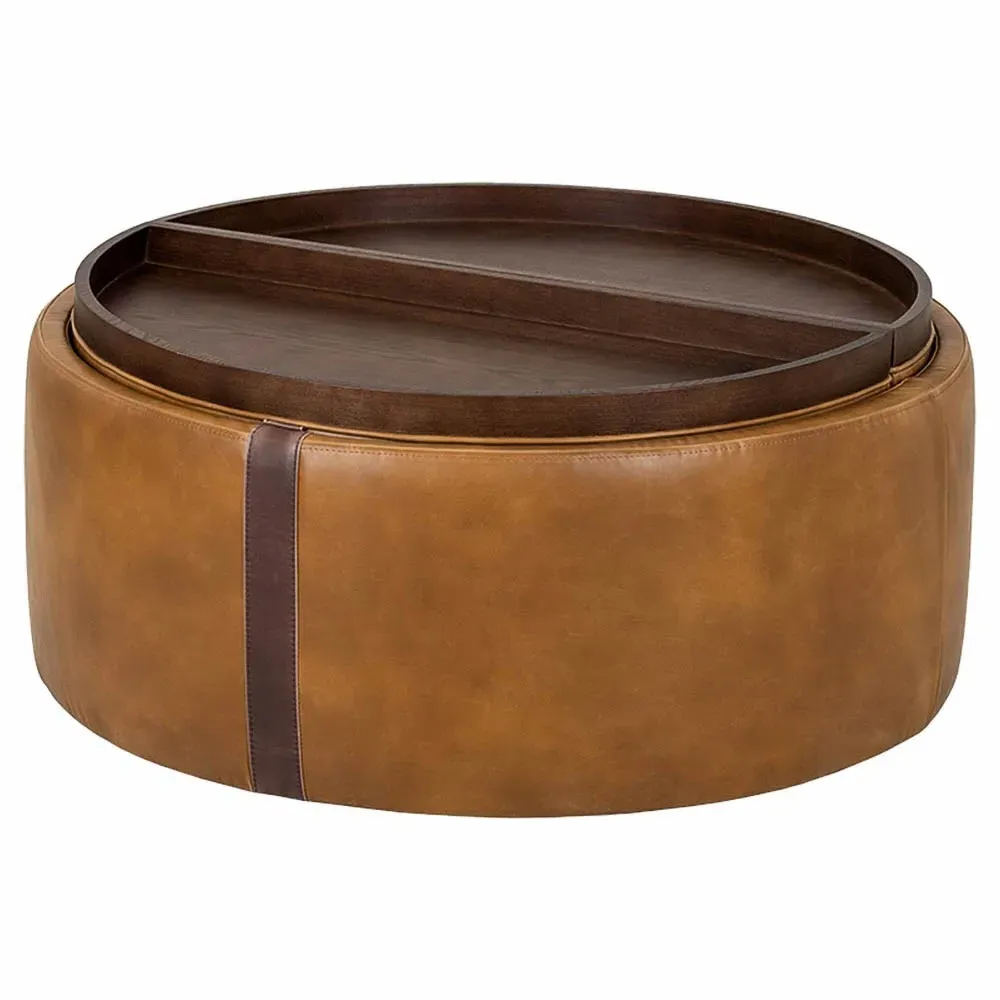 Kline Round Storage Ottoman with Wheels - Tobacco Tan, Faux Leather