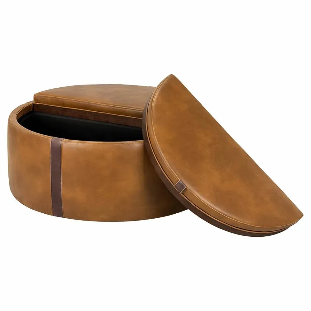 Kline Round Storage Ottoman with Wheels - Tobacco Tan, Faux Leather