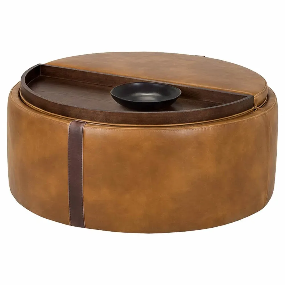 Kline Round Storage Ottoman with Wheels - Tobacco Tan, Faux Leather