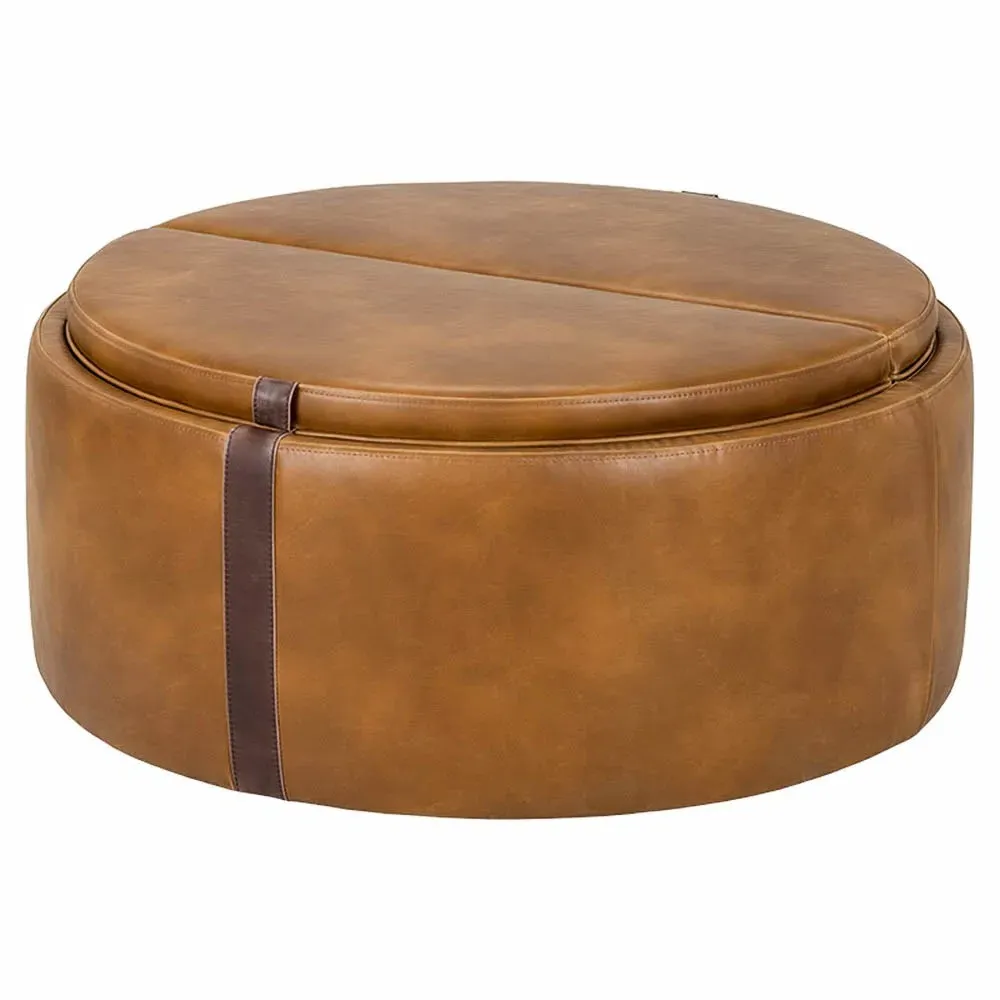 Kline Round Storage Ottoman with Wheels - Tobacco Tan, Faux Leather