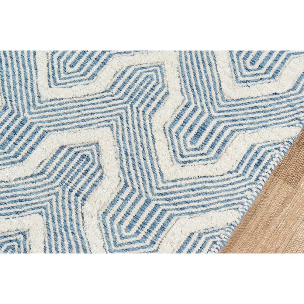 Knox Blue Geometric Patterned Rug - Blue, Wool