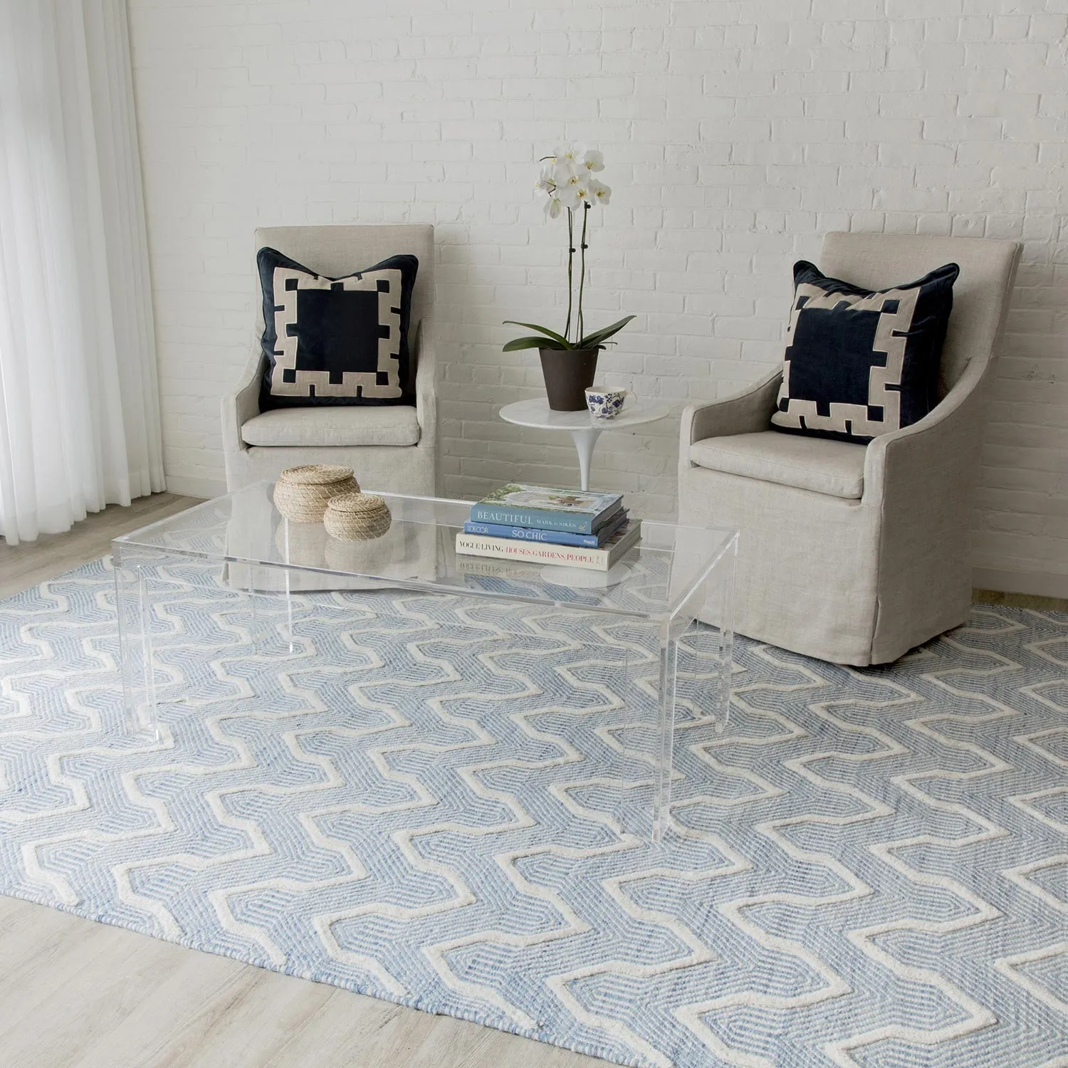 Knox Blue Geometric Patterned Rug - Blue, Wool