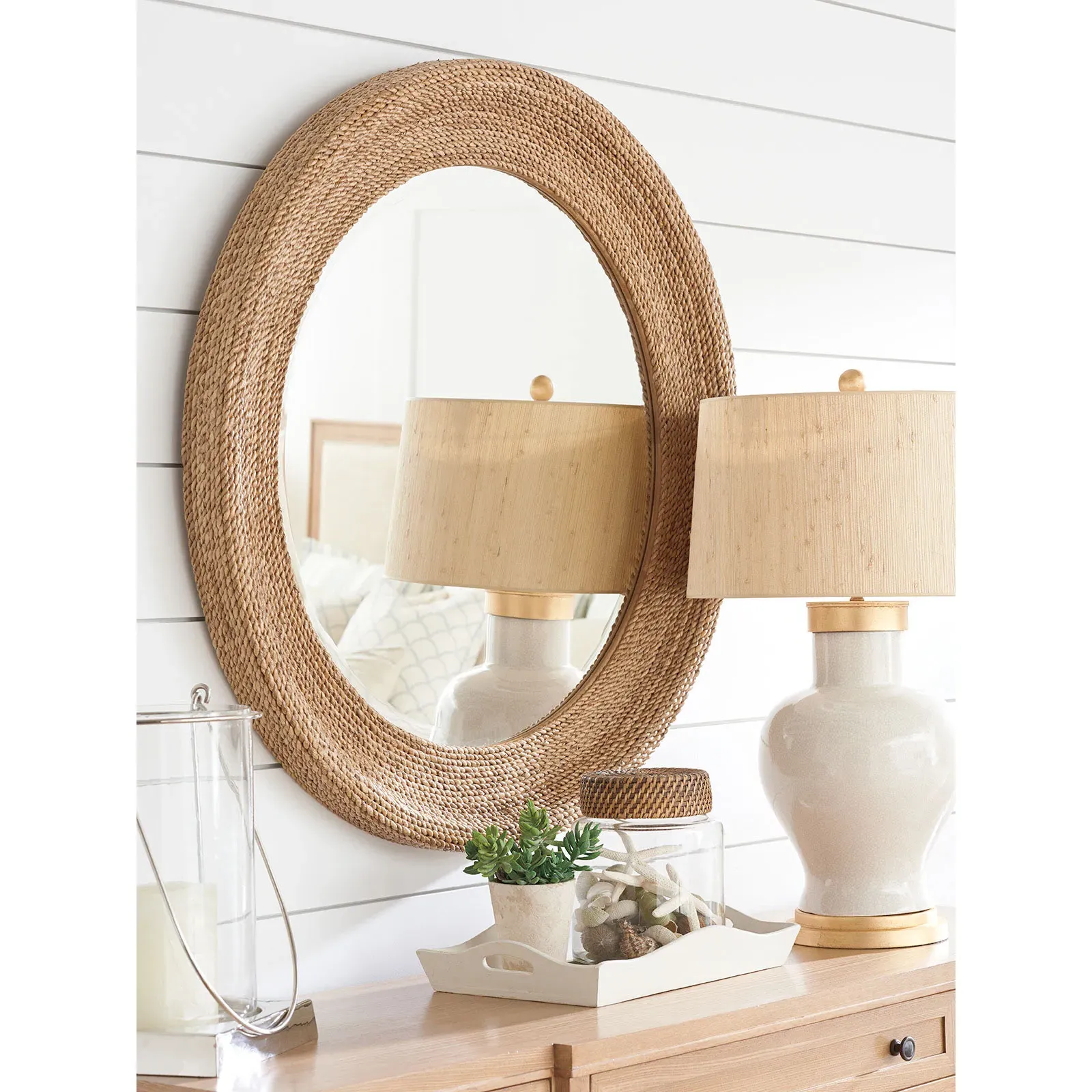 La Jolla Round Wall Mirror - Brown, Abaca